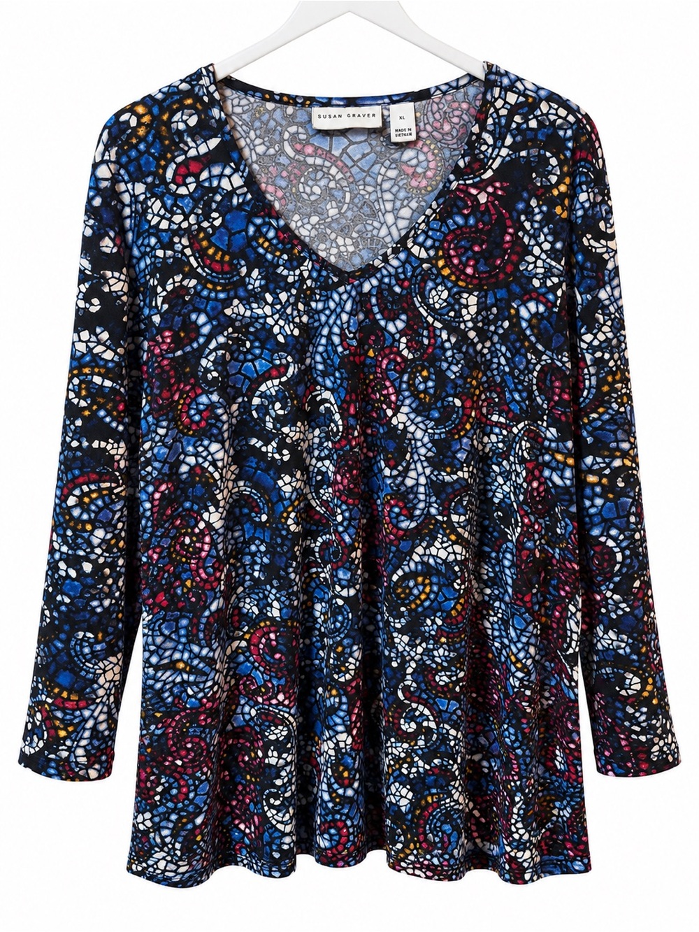 Susan Graver Navy Mosaic V-Neck 3/4 Sleeve Top with Multi Accents